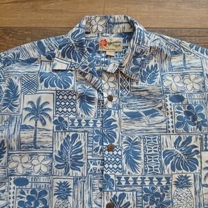 Vintage Hilo Hattie Shirt Mens Medium Blue Hawaiian Palm Tree Camp Hawaii Made
